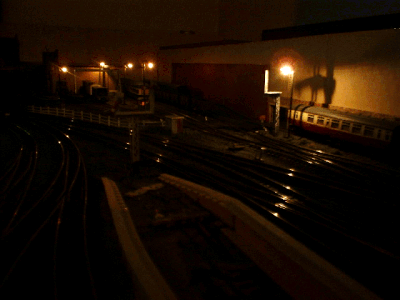 Stoneybridge West Yard by night. View of yard across the tracks from brake van standing at new loop platform