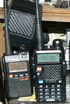 Baofeng UV3R and UV5R VHF/UHF hand held radios. Handy as cheap backup radios.
